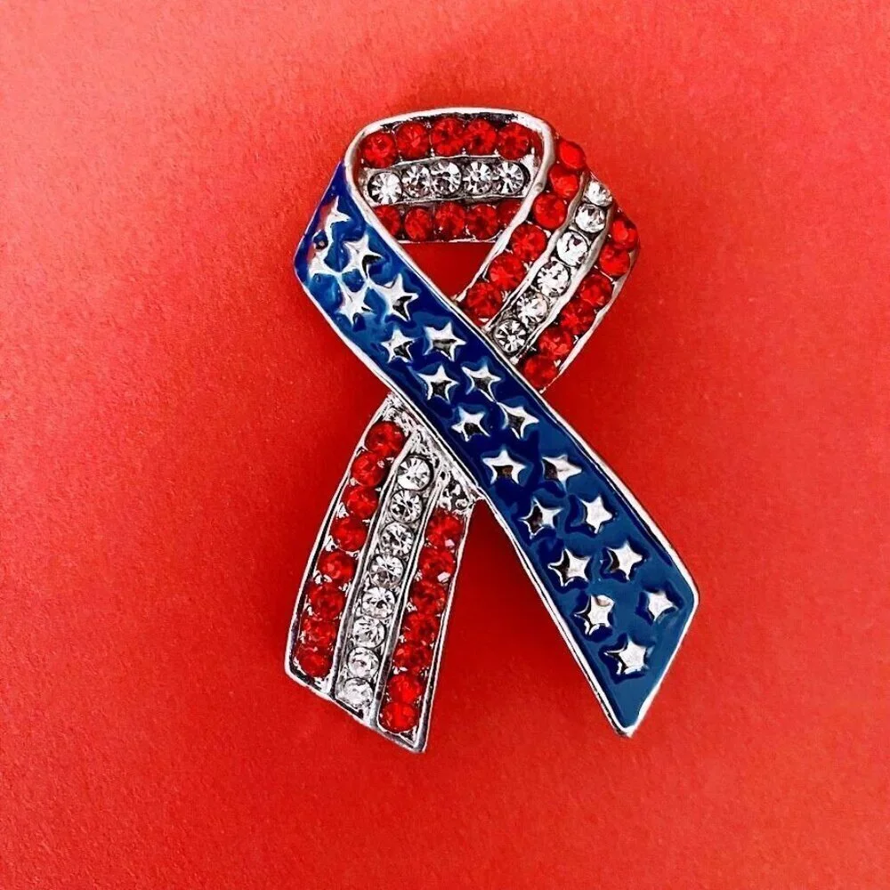 Patriotic Red White Blue Enamel and Crystal Ribbon Flag Brooch